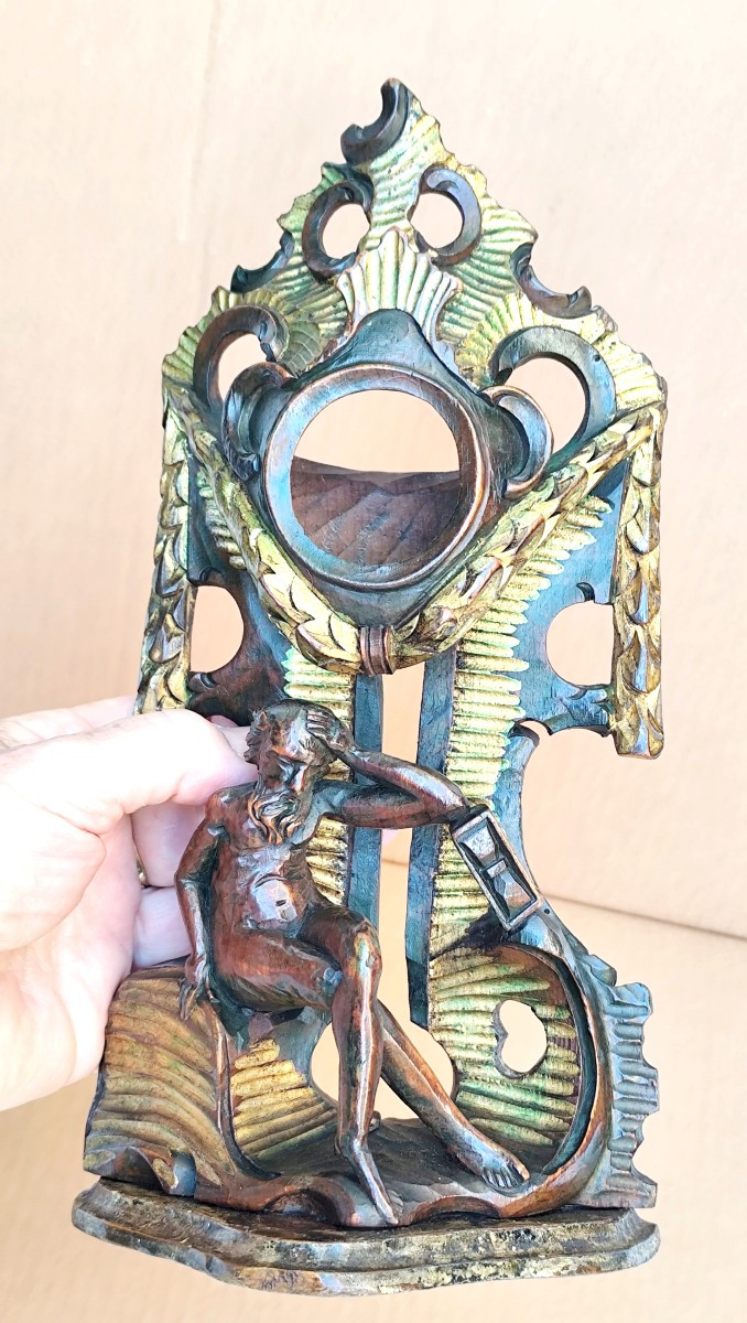 Baroque Watch Holder, 18th Century, Polychrome Openwork Wood:   Patience Of Chronos-photo-2