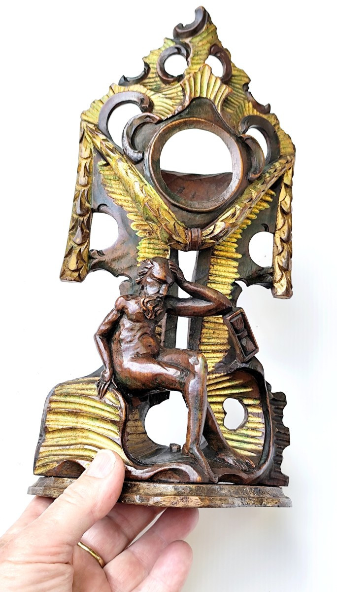 Baroque Watch Holder, 18th Century, Polychrome Openwork Wood:   Patience Of Chronos-photo-3