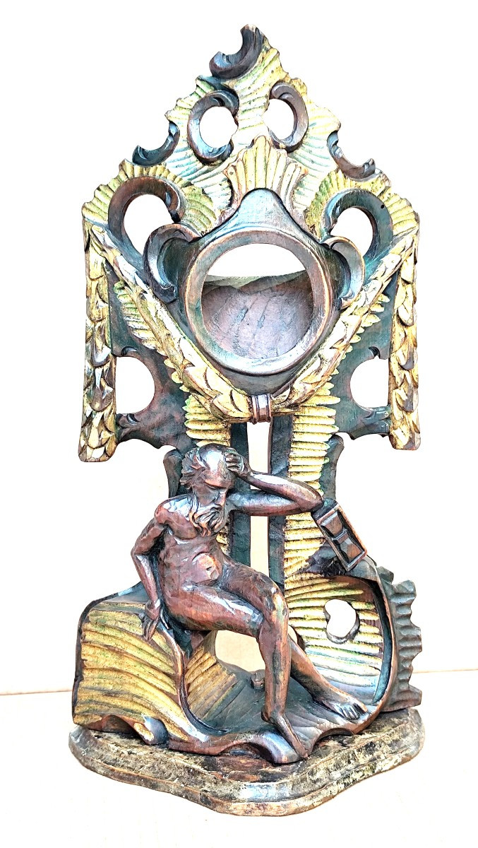 Baroque Watch Holder, 18th Century, Polychrome Openwork Wood:   Patience Of Chronos