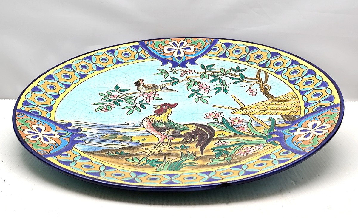 Grand Plat en émaux de Longwy. Décor coq et oiseau D3090. -photo-3