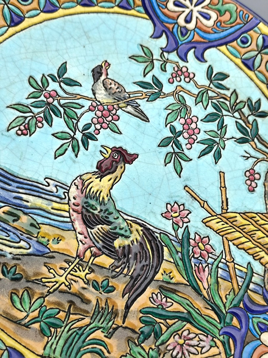 Grand Plat en émaux de Longwy. Décor coq et oiseau D3090. -photo-4