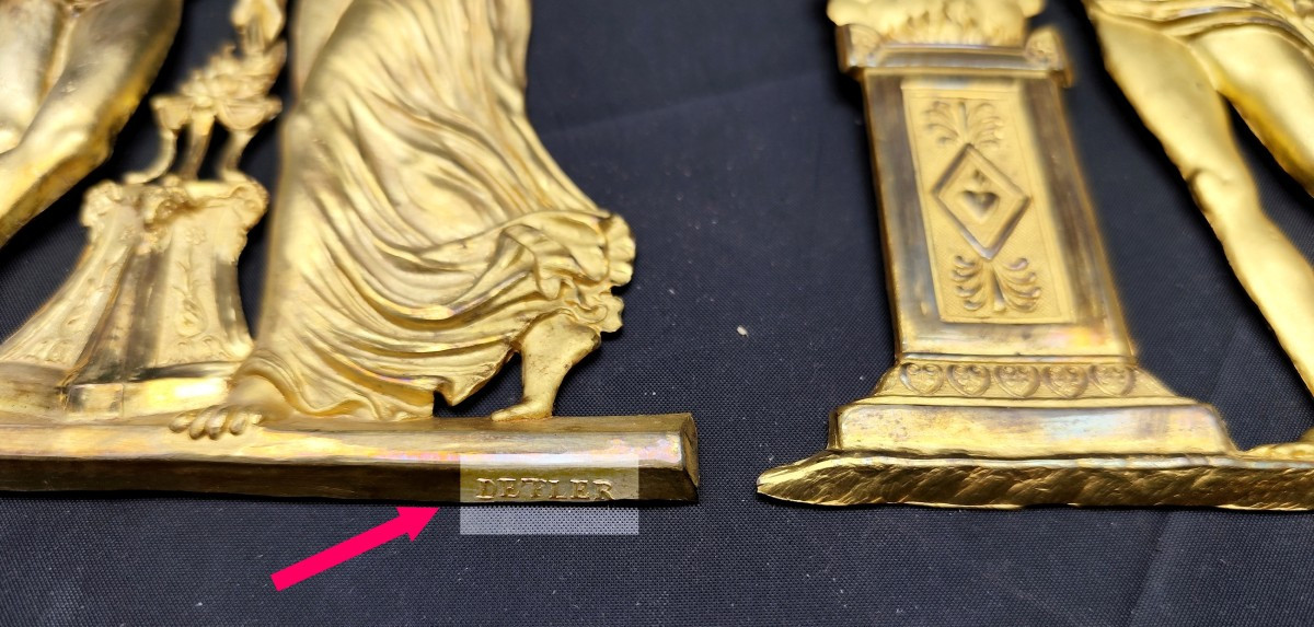 Amour et Mariage, 2 sujets à l’Antique, estampés, signés, dorés au mercure, vers 1820-photo-1