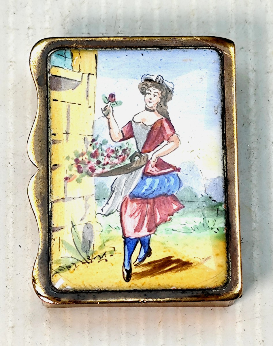 Boîte d’allumettes « parisienne » fin 19e siècle, émail : la Bouquetière, -photo-2