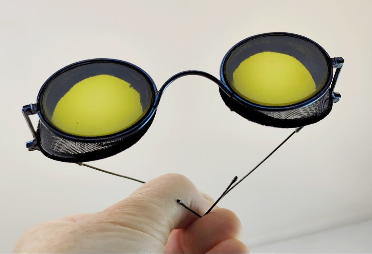 Lunettes à escarbilles, luxueuses, pour voyageur, fin 19e siècle, acier bleui, cuir de Russie-photo-1