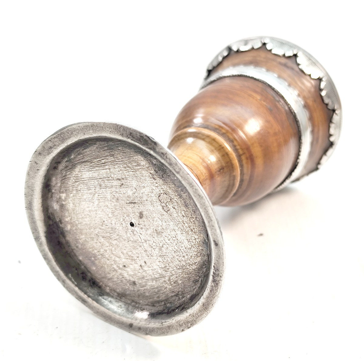 Mysterious Egg Cup, Boxwood, Silver Mount, 17th Century, Traces Of Votive Inscriptions-photo-2
