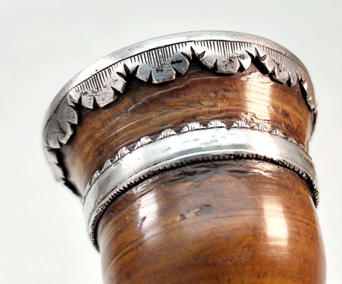 Mysterious Egg Cup, Boxwood, Silver Mount, 17th Century, Traces Of Votive Inscriptions-photo-4