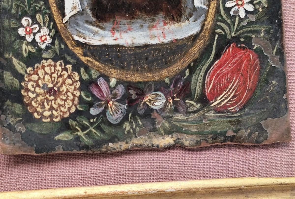 Touching Miniature On Copper, 17th Century, Crown Of Flowers For Suffering Christ-photo-4