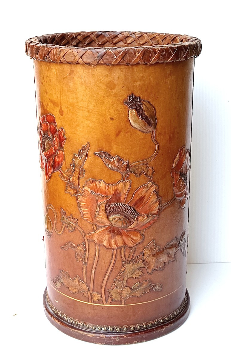 pavots cuir gaufré polychrome  époque Art Nouveau, haut porte cannes