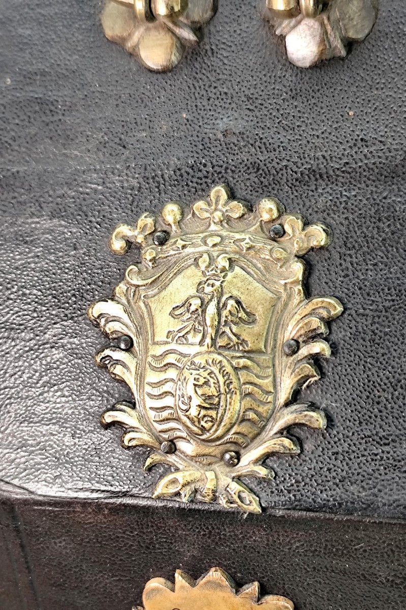 18th Century Cutlery Box, Donkey Skin And Brass, Coat Of Arms-photo-3