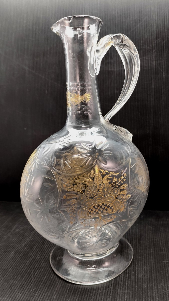 Haute Aiguière verre soufflé, taillé, aux bouquets dorés, Bohème, 18e siècle-photo-2