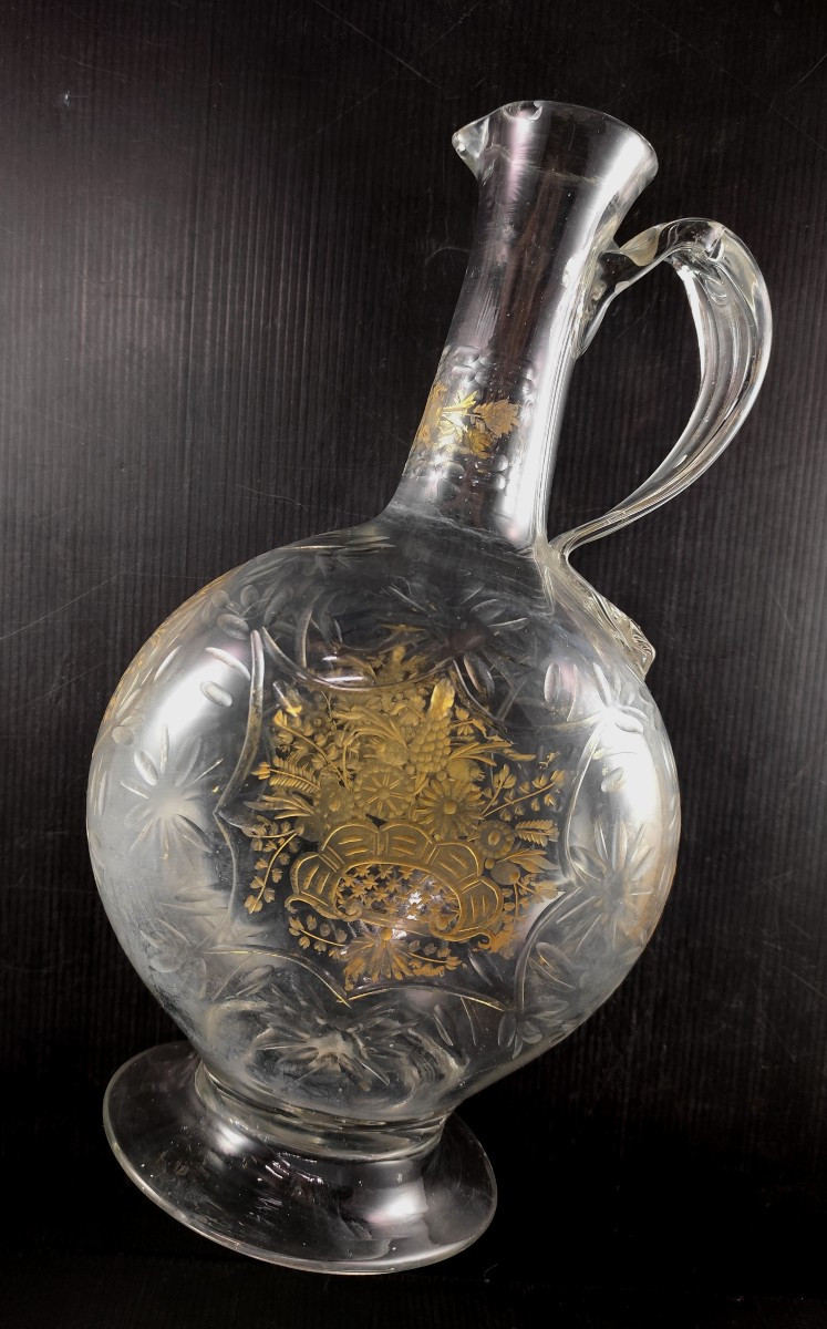 Haute Aiguière verre soufflé, taillé, aux bouquets dorés, Bohème, 18e siècle-photo-3