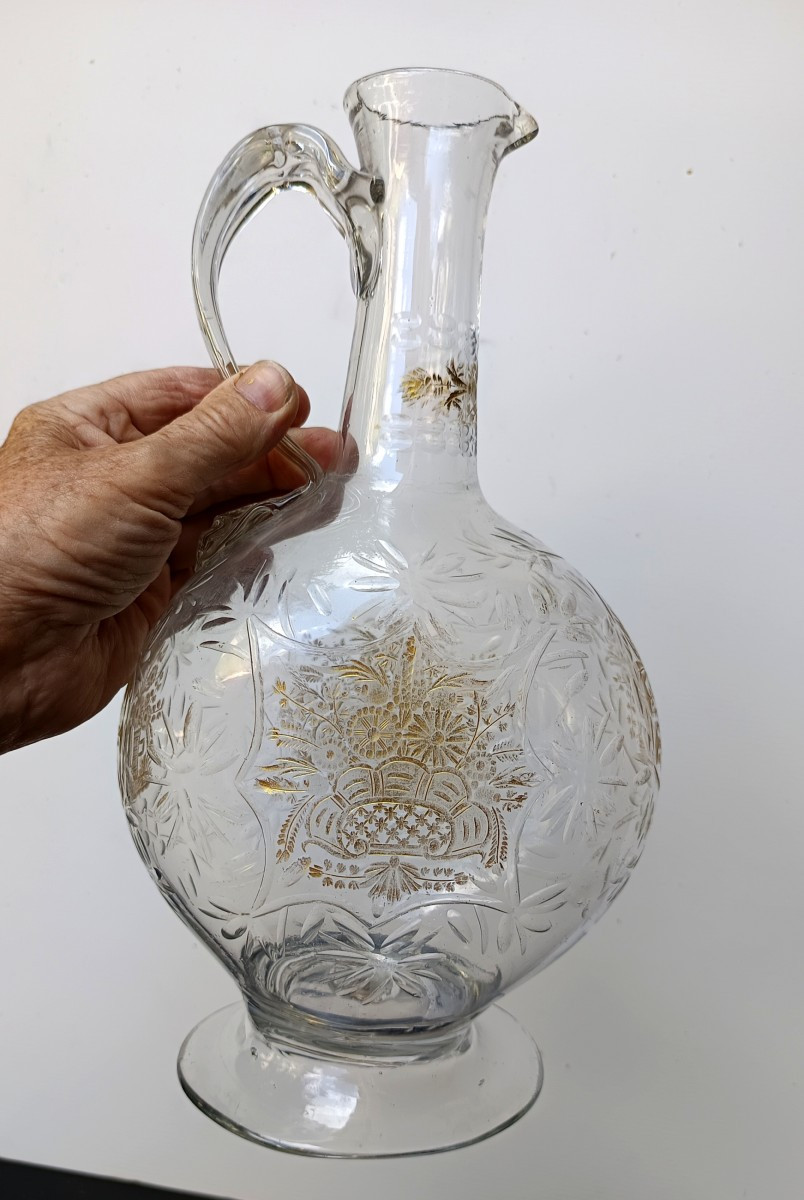 Haute Aiguière verre soufflé, taillé, aux bouquets dorés, Bohème, 18e siècle-photo-5
