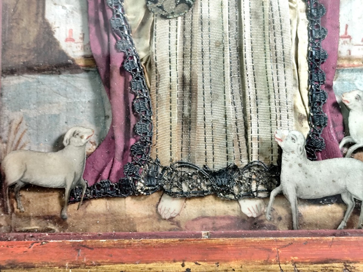 Bon Pasteur, 18e siècle, Gouache sur parchemin habillée et brodée d’argent, diorama-photo-2