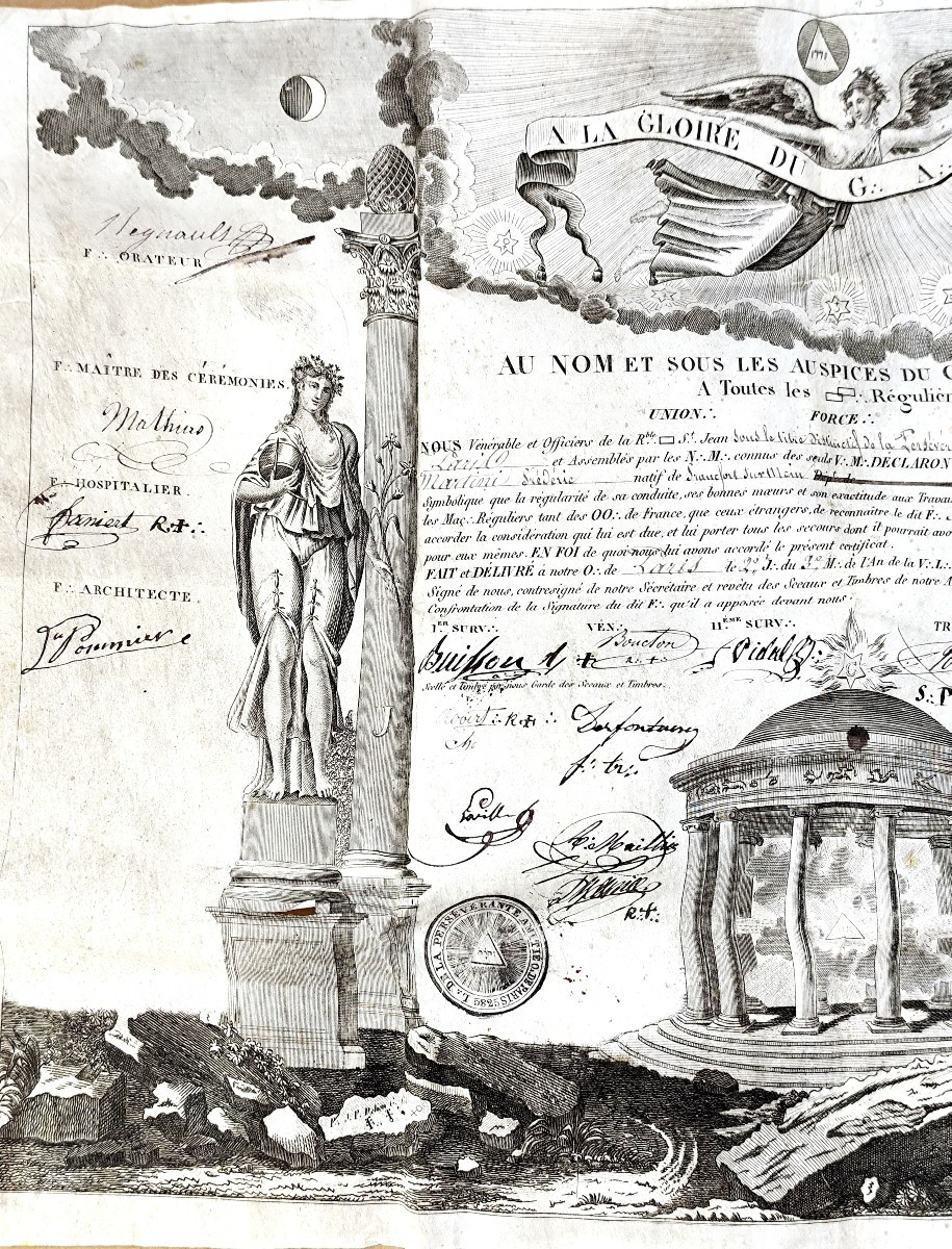 Diplôme Maçonnique, loge de la Persévérante Amitié, 1830, étui maroquin rouge-photo-4