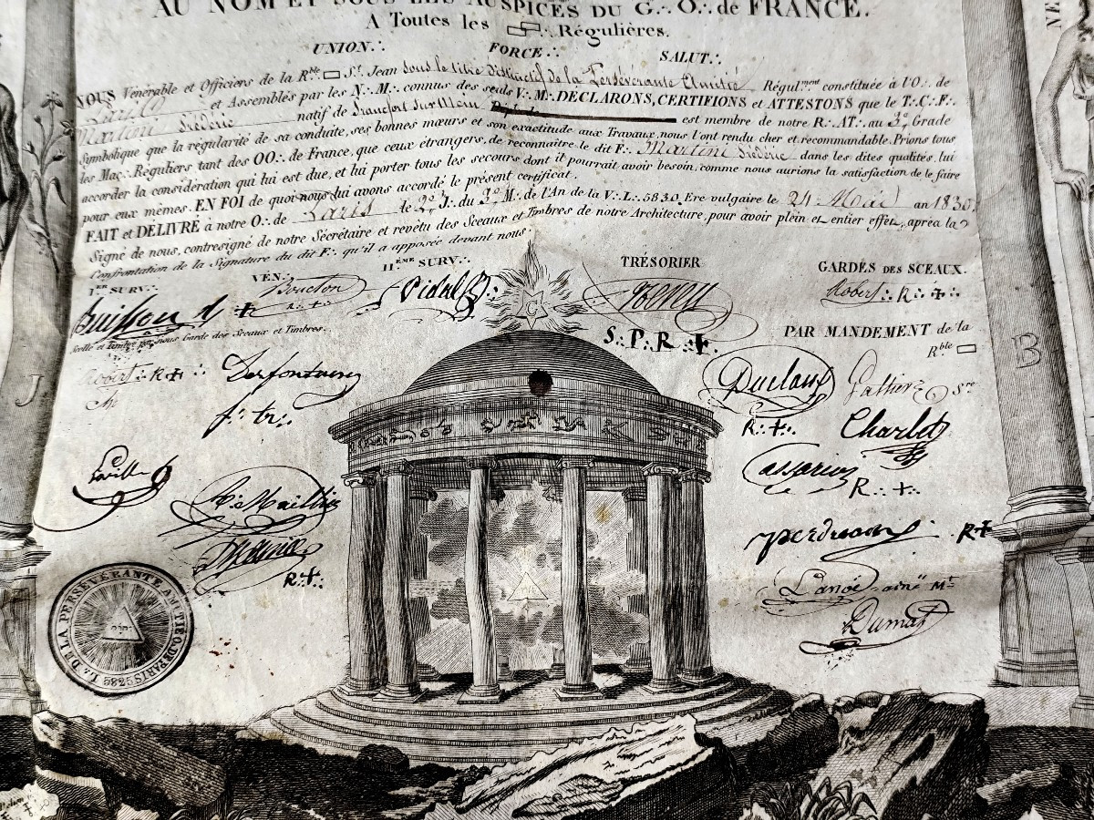 Diplôme Maçonnique, loge de la Persévérante Amitié, 1830, étui maroquin rouge-photo-2