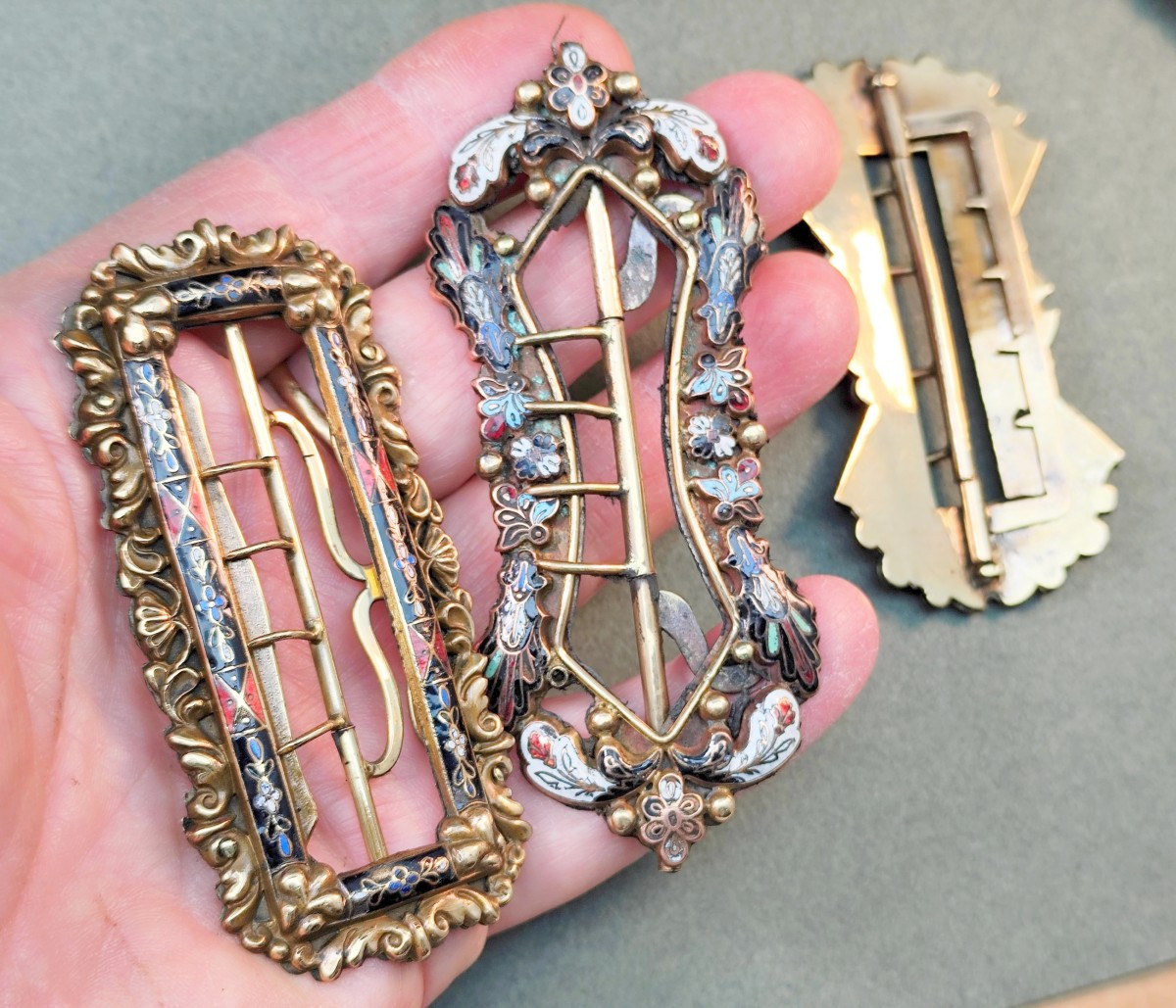 Set Of 5 Beautiful Buckles, Champlevé Enamels, Parisian Workshops, Circa 1860-photo-3