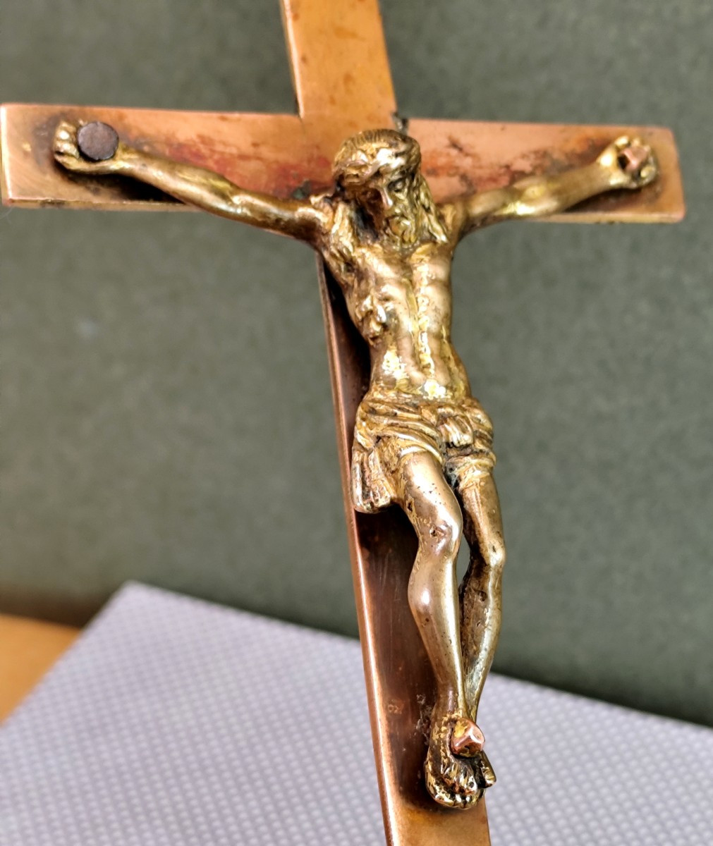 Dinanderie cuivre dorée au mercure : Golgotha, 17e siècle-photo-3