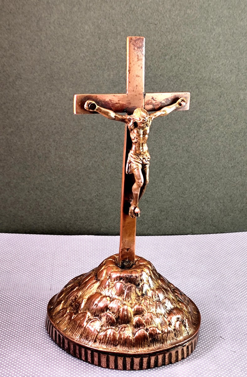 Dinanderie cuivre dorée au mercure : Golgotha, 17e siècle-photo-4