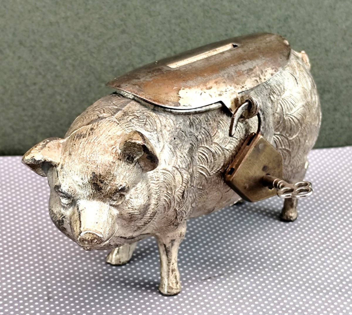 Piggy Bank, Cast Metal, Padlock, Over 100 Years Old-photo-4