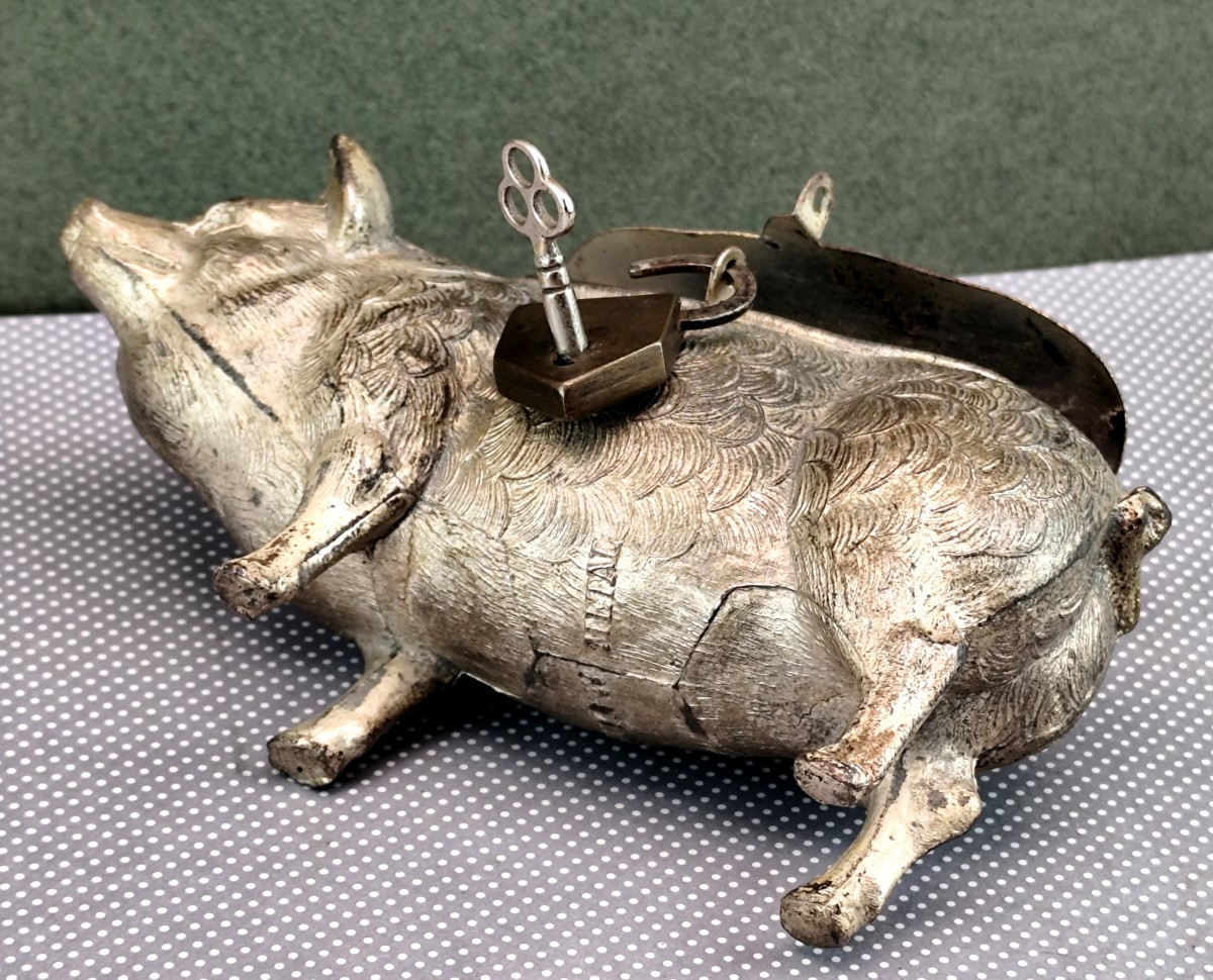 Piggy Bank, Cast Metal, Padlock, Over 100 Years Old-photo-2