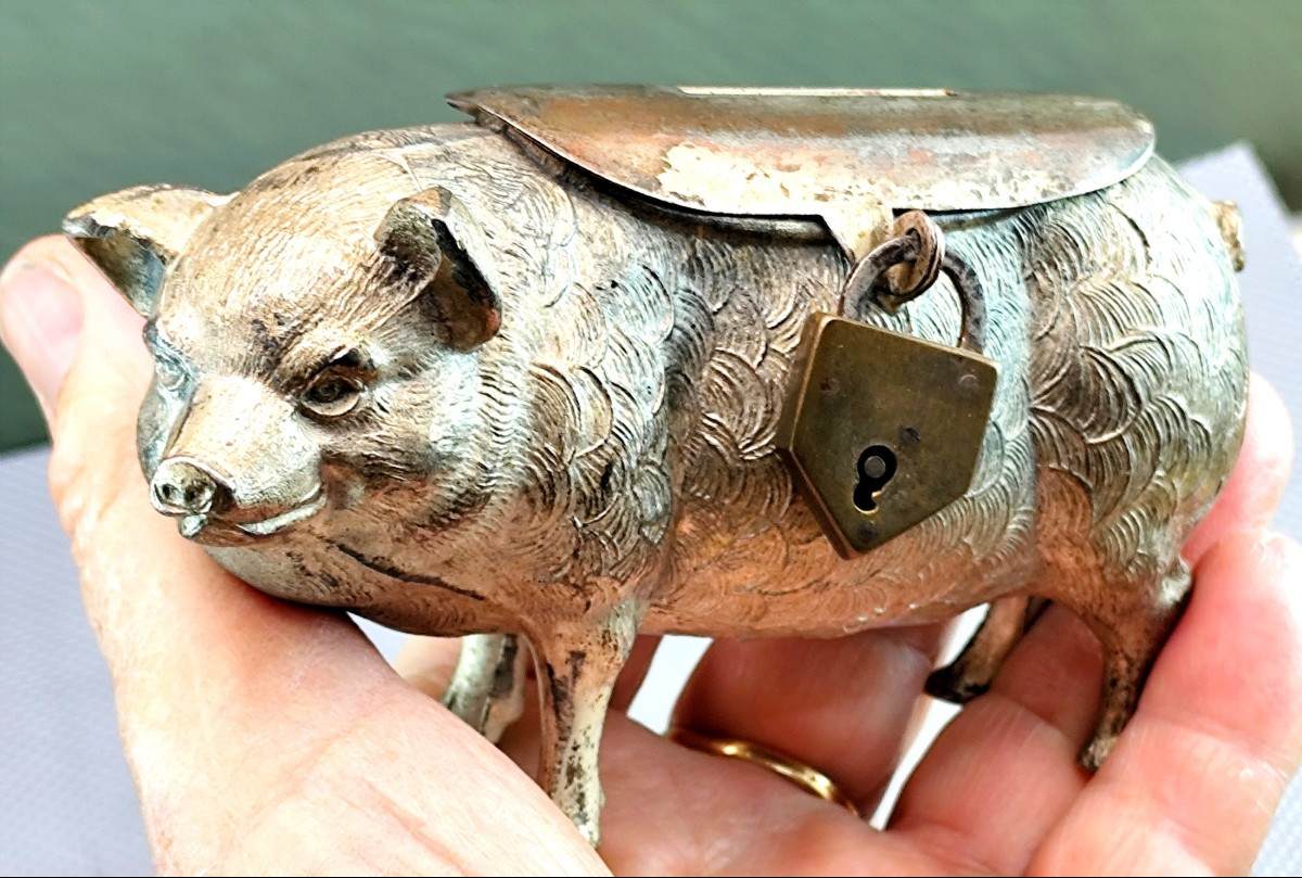 Piggy Bank, Cast Metal, Padlock, Over 100 Years Old-photo-3