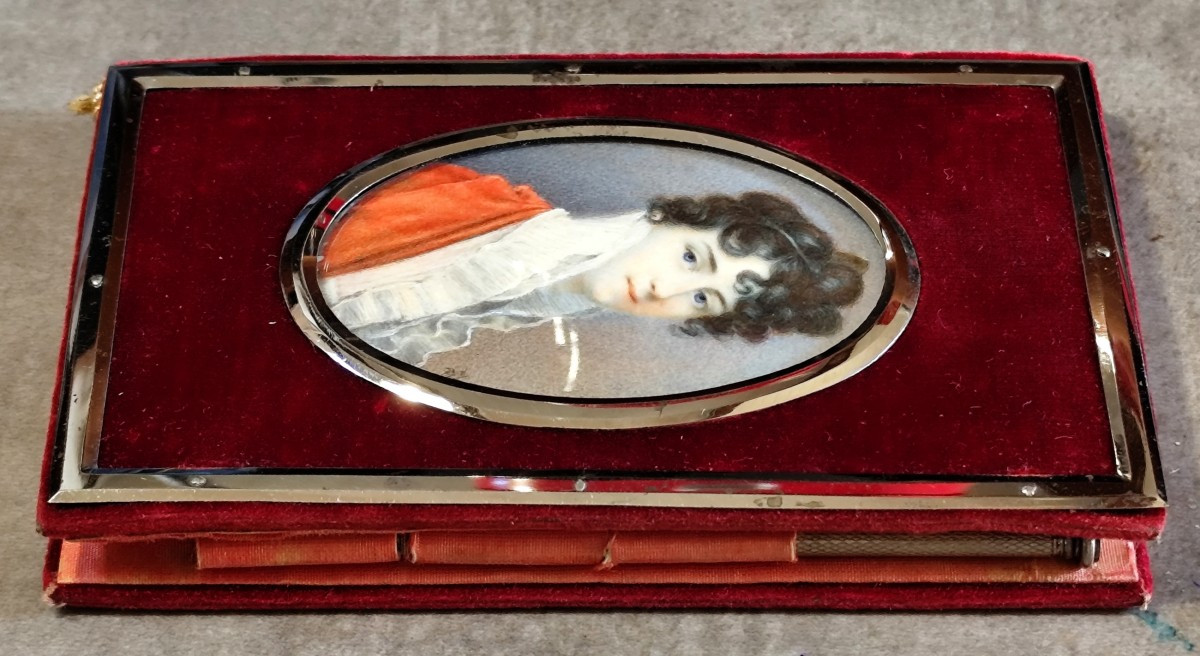 Acier poli, velours de soie, Carnet &agrave; Miniature vers 1850, belle personne-photo-2