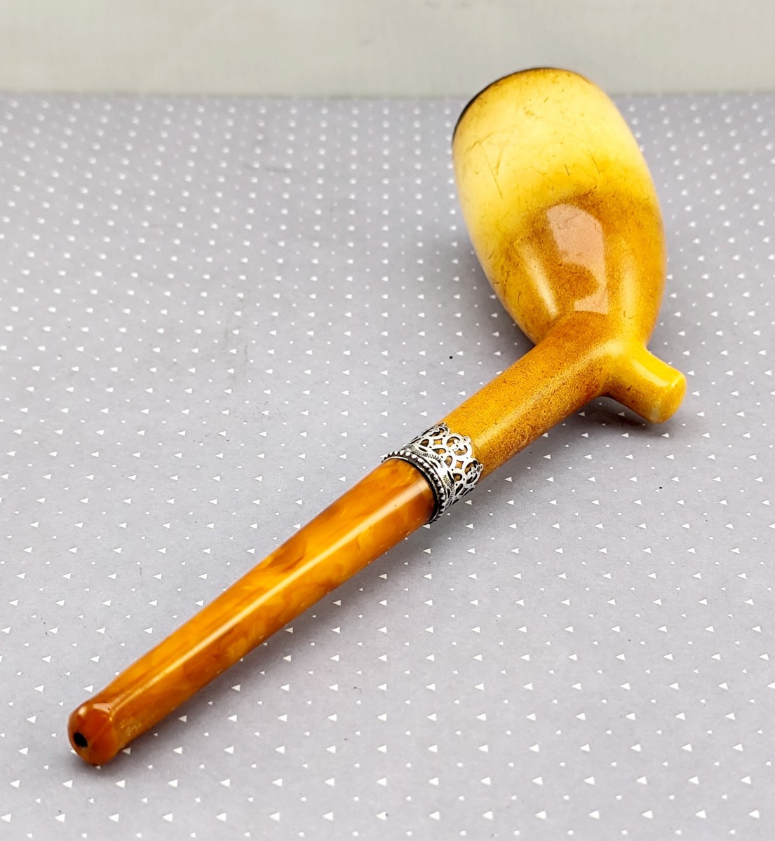 Jolie pipe écume, argent et ambre en étui, vers 1900, bel état-photo-3