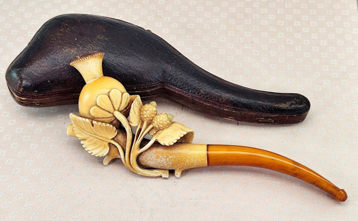 Jolie grande pipe écume à décor floral, bel état, bel étui, Art Nouveau-photo-4