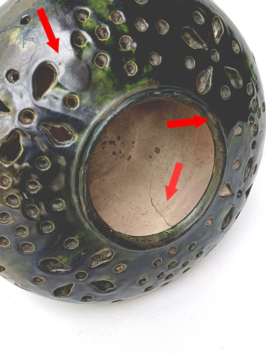 Terre vernissée du Pré d’Auge, belle bassinoire 18e, nombreuses restaurations-photo-4