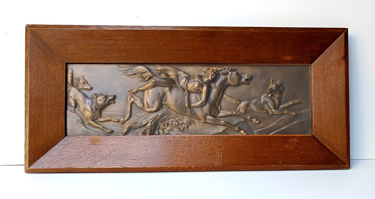 Mazeppa aux Loups, grand bronze mural, 8kg, d’après Carle Vernet, 19e siècle, -photo-2