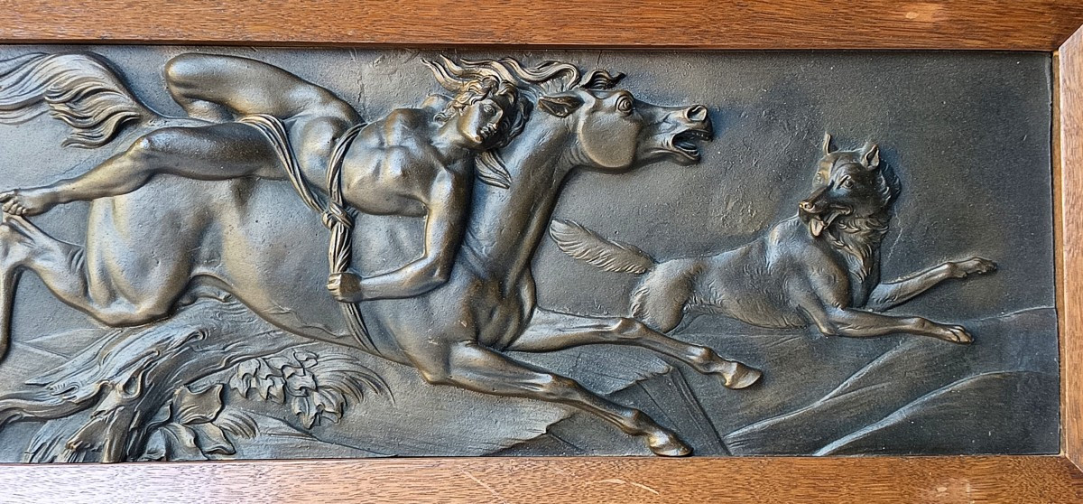 Mazeppa aux Loups, grand bronze mural, 8kg, d’après Carle Vernet, 19e siècle, -photo-1