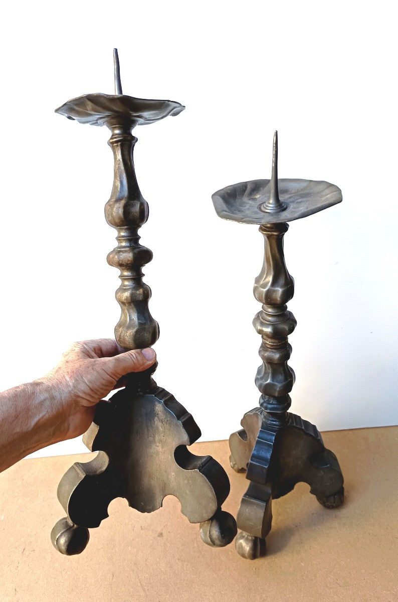 Paire de grands flambeaux d’Autel étains baroques, datés 1701, Allemagne du Sud-photo-3