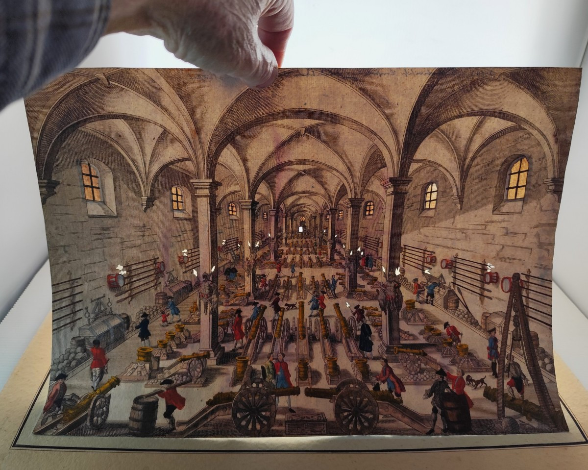 Gravure aquarellée : 1760, l’Arsenal Artillerie, effet optique Jour-Nuit, par Georg B. Probst-photo-2
