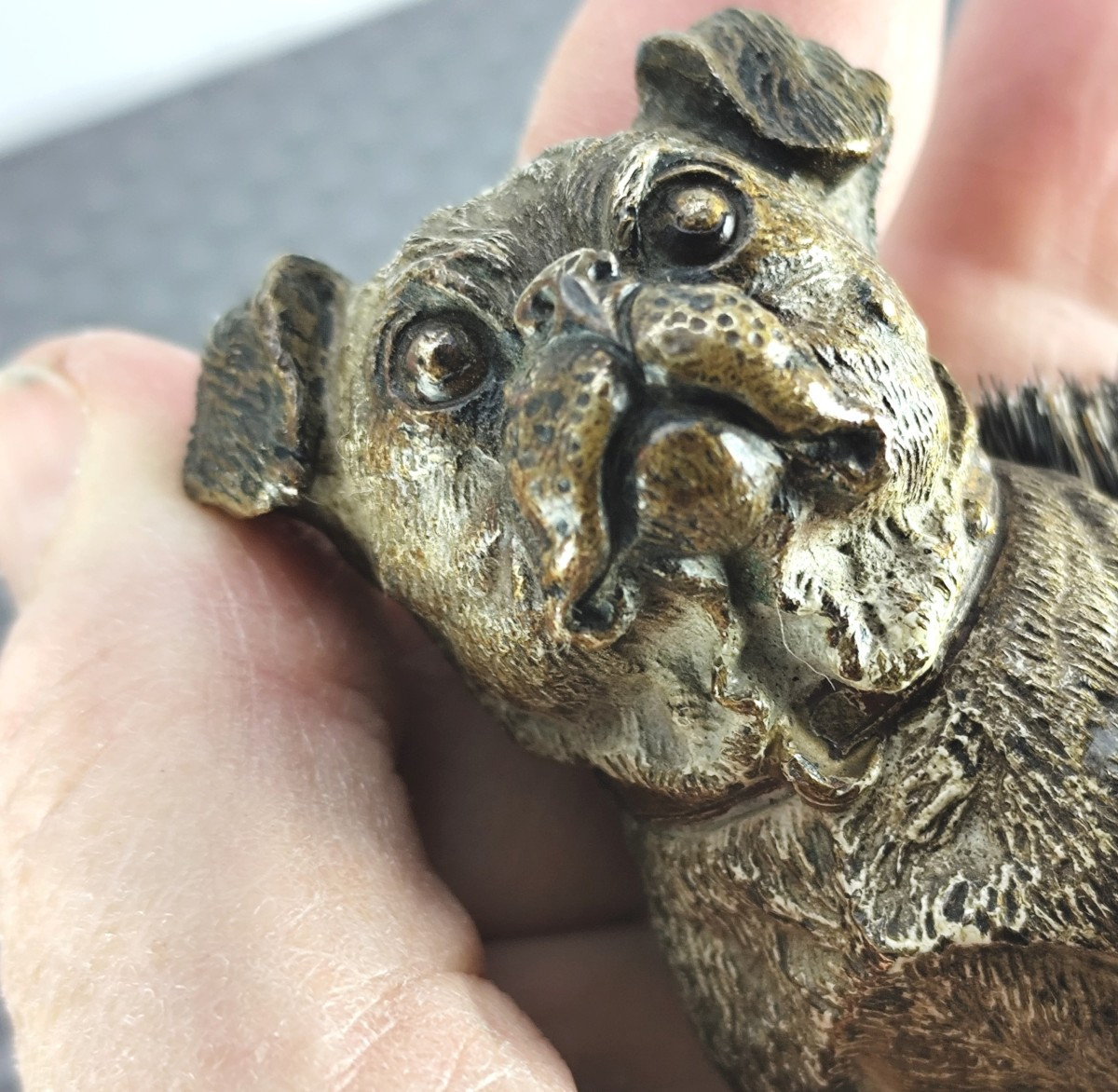 Pretty Pug Dog Pen Wiper, Vienna Bronze Painted Natural, 19th Century, Marked-photo-2