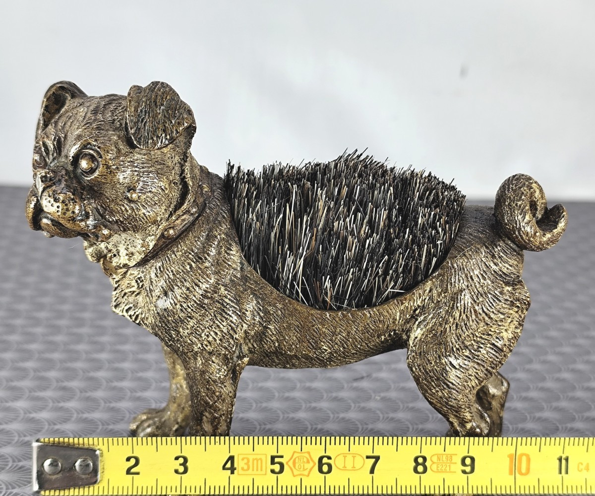 Pretty Pug Dog Pen Wiper, Vienna Bronze Painted Natural, 19th Century, Marked-photo-1