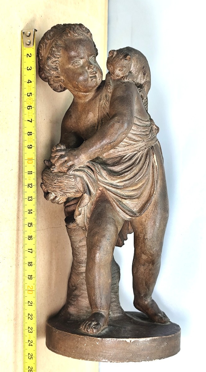 Terracotta: Child With Cat, Charming 19th Century Edition-photo-2