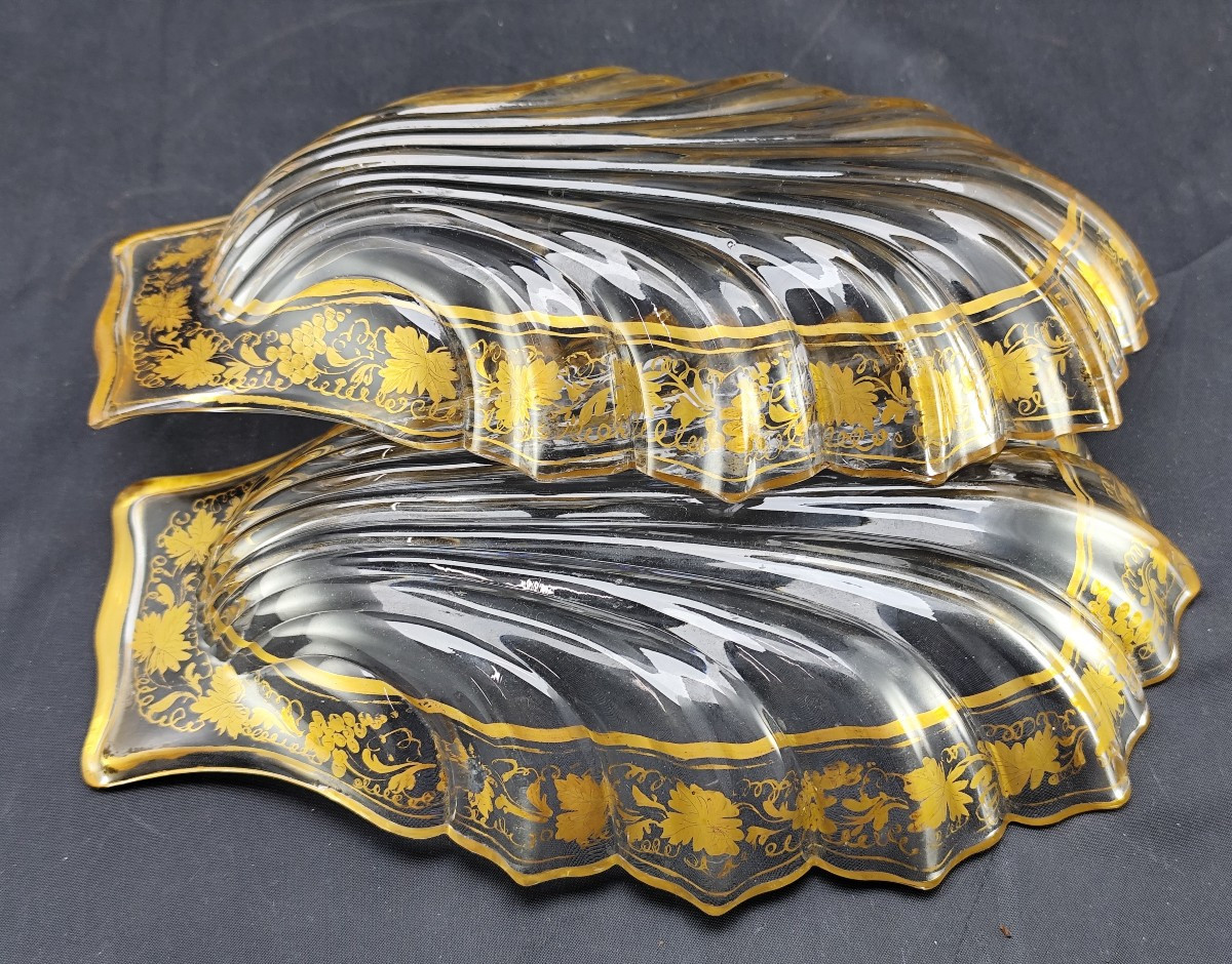 Paire de Coquilles de cristal dorées, Napoléon III, prestige et bel état-photo-2