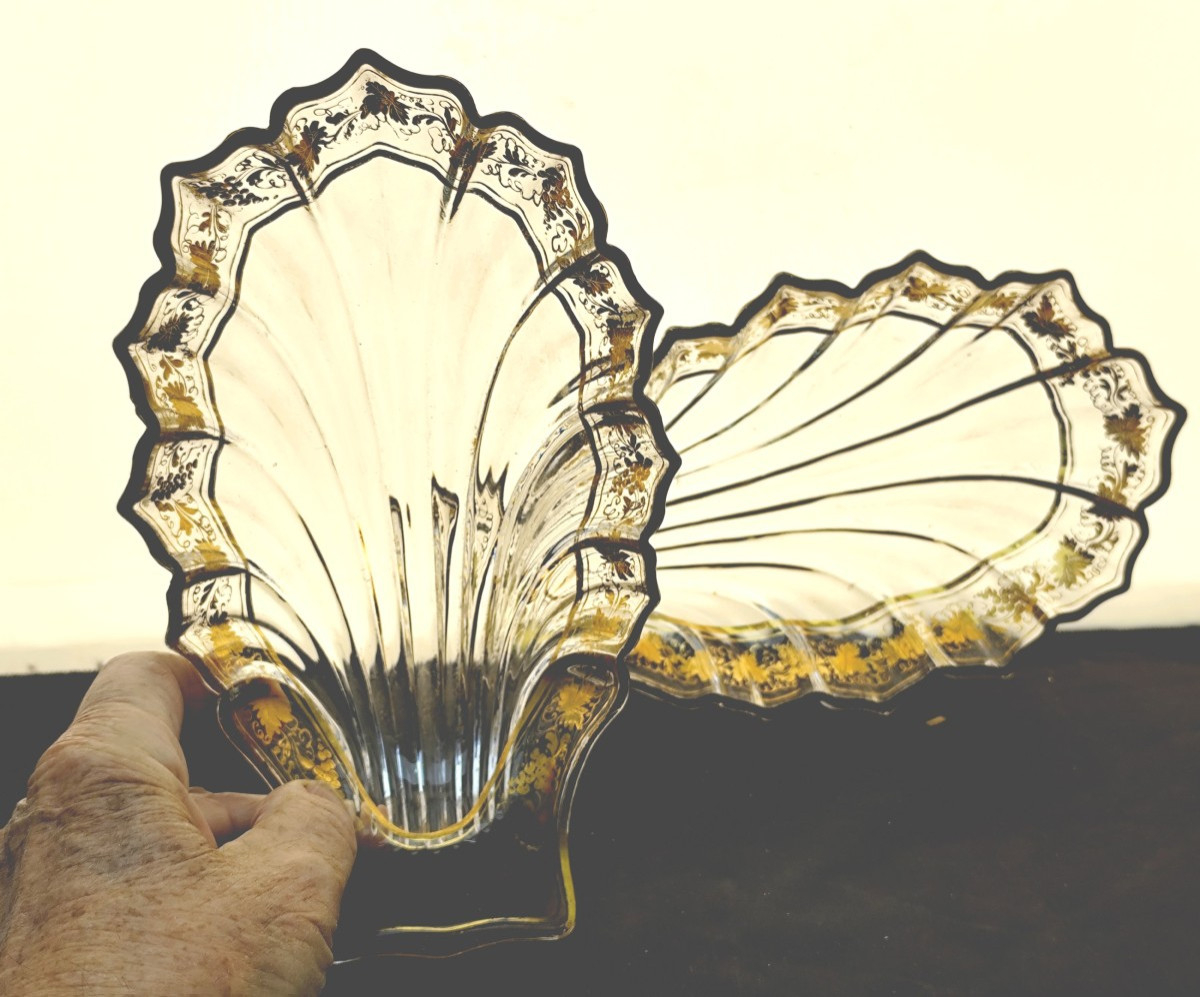Paire de Coquilles de cristal dorées, Napoléon III, prestige et bel état-photo-3