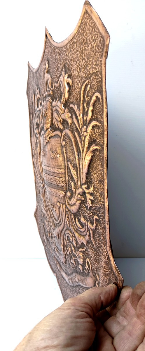 Grand blason mural cuivre estampé gravé , belle devise, 19e siècle-photo-3