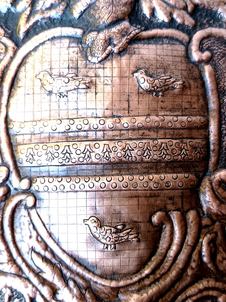 Grand blason mural cuivre estampé gravé , belle devise, 19e siècle-photo-1