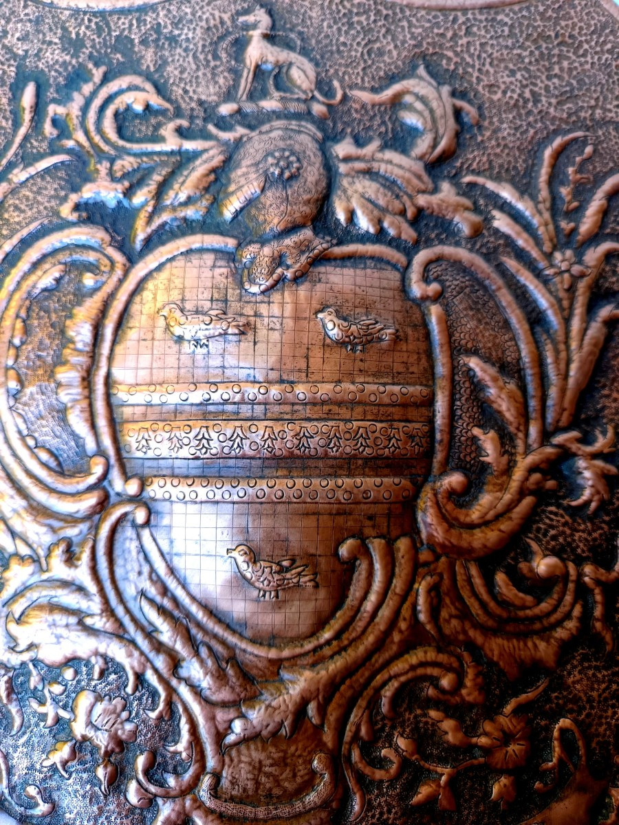 Grand blason mural cuivre estampé gravé , belle devise, 19e siècle-photo-2