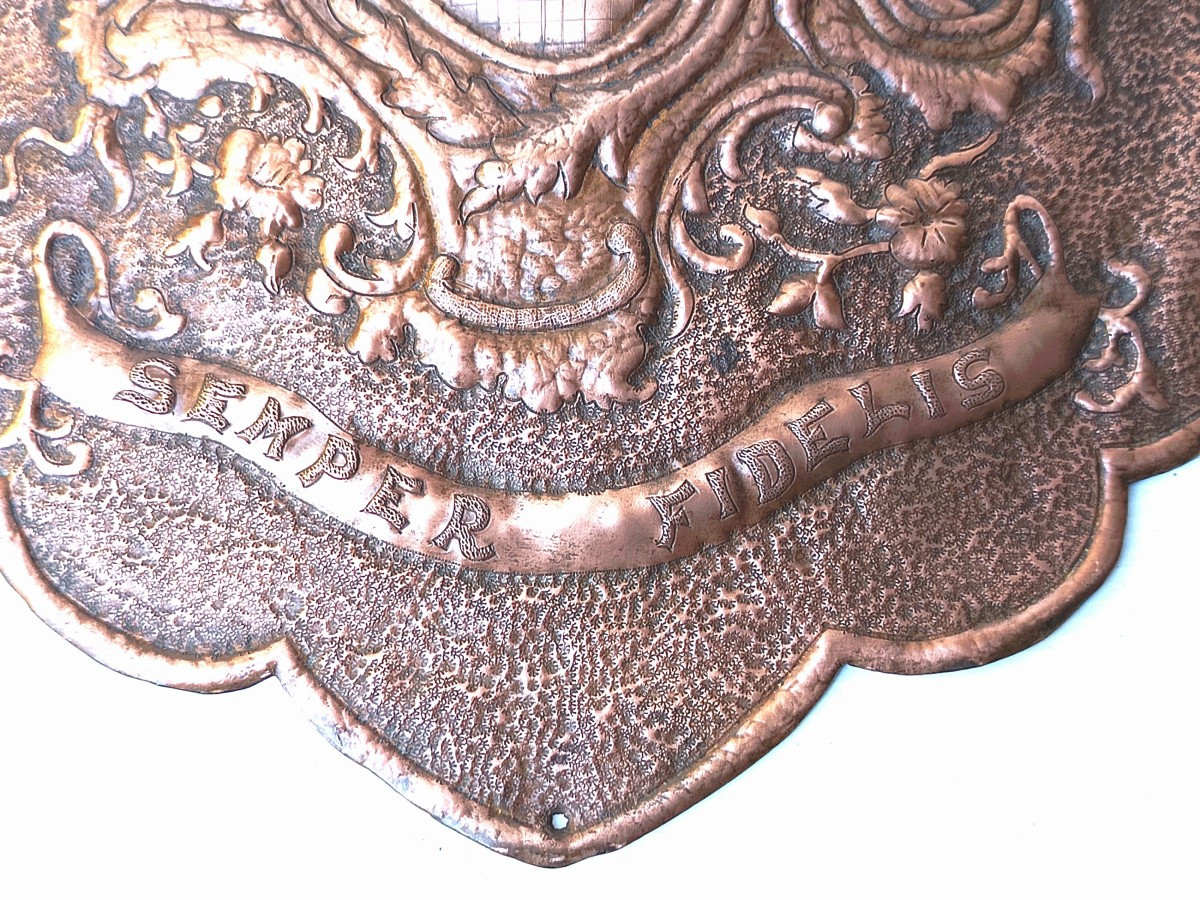 Grand blason mural cuivre estampé gravé , belle devise, 19e siècle-photo-4