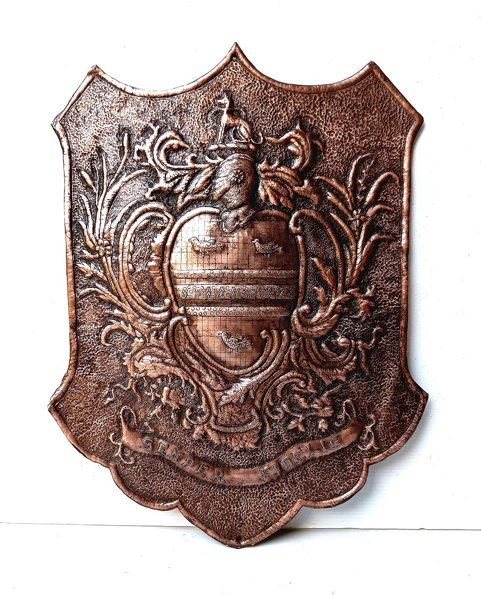 Grand blason mural cuivre estampé gravé , belle devise, 19e siècle