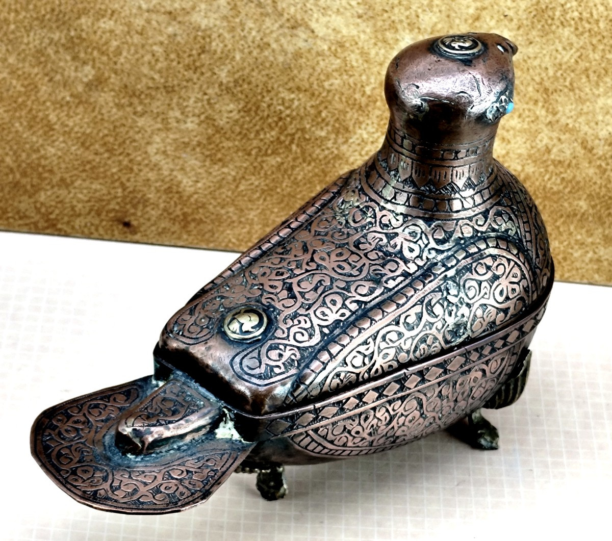 Beautiful Engraved Copper Dove-shaped Box, Persian Art, 19th Century