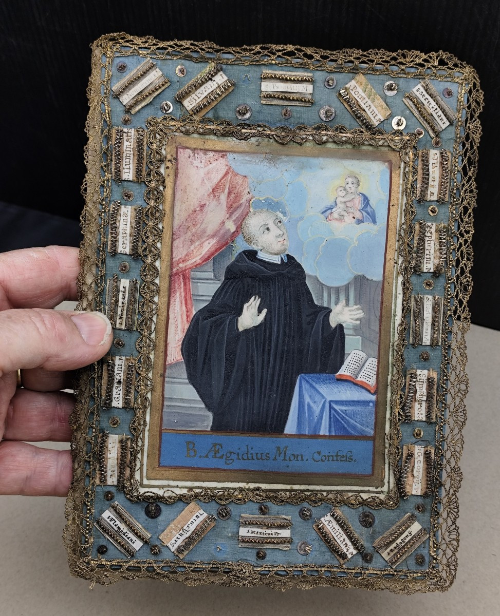 Saint Gilles, Portrait Monastique sur parchemin, 20 reliques , 18e siècle-photo-4