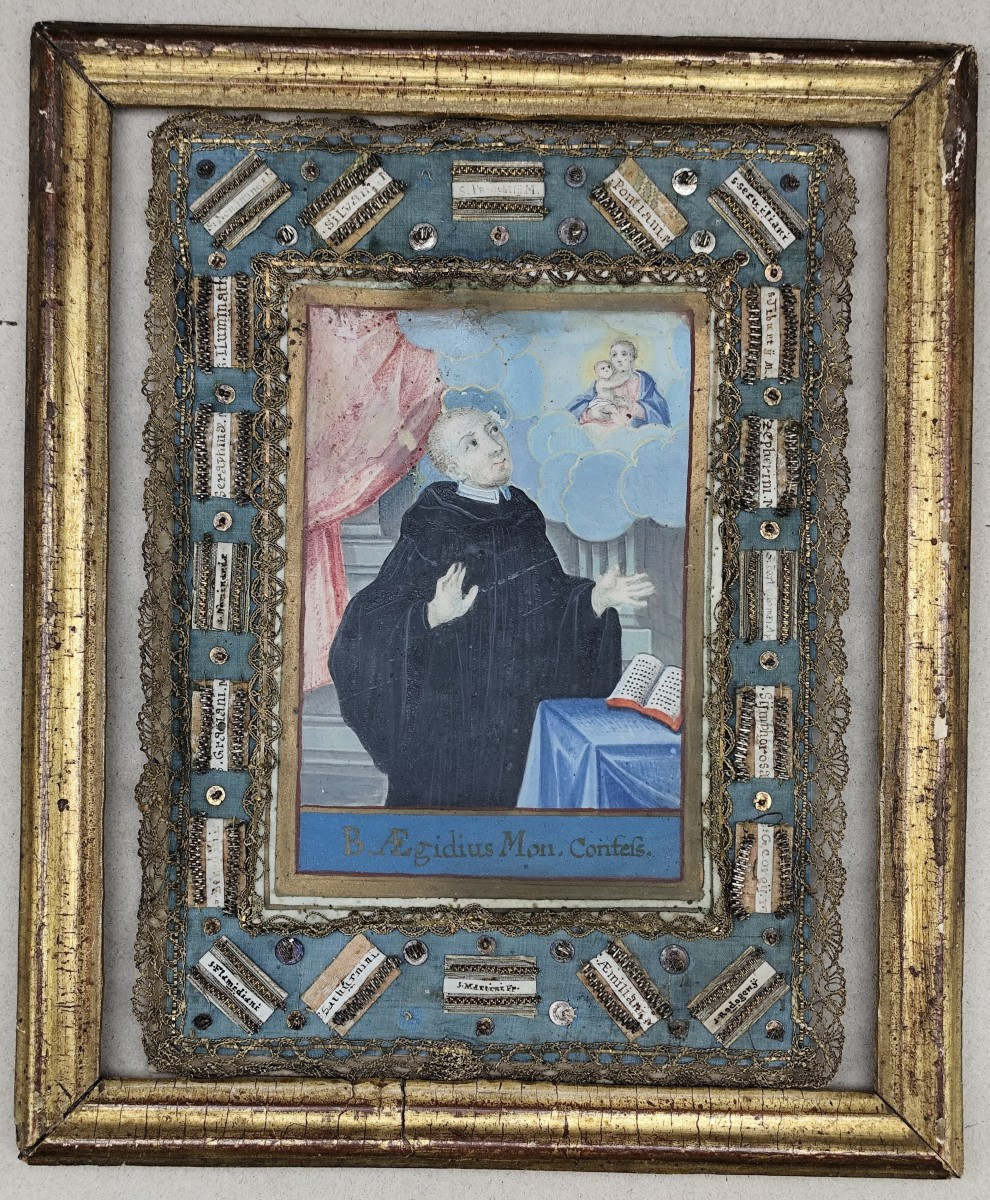 Saint Gilles, Portrait Monastique sur parchemin, 20 reliques , 18e siècle-photo-4