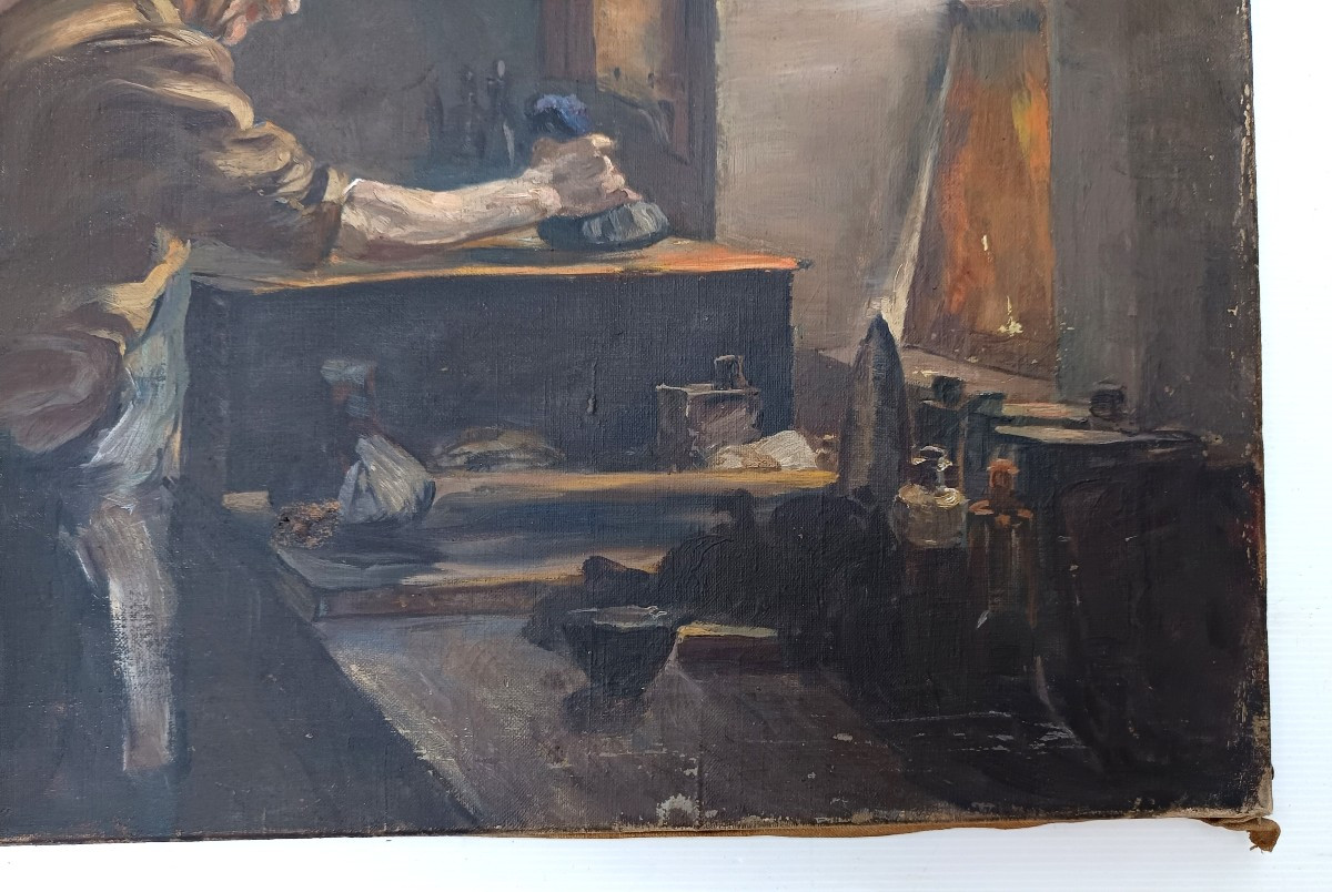  Engraver's Workshop, Beautiful Oil On Canvas, 1920, Signed, As Discovered.-photo-2