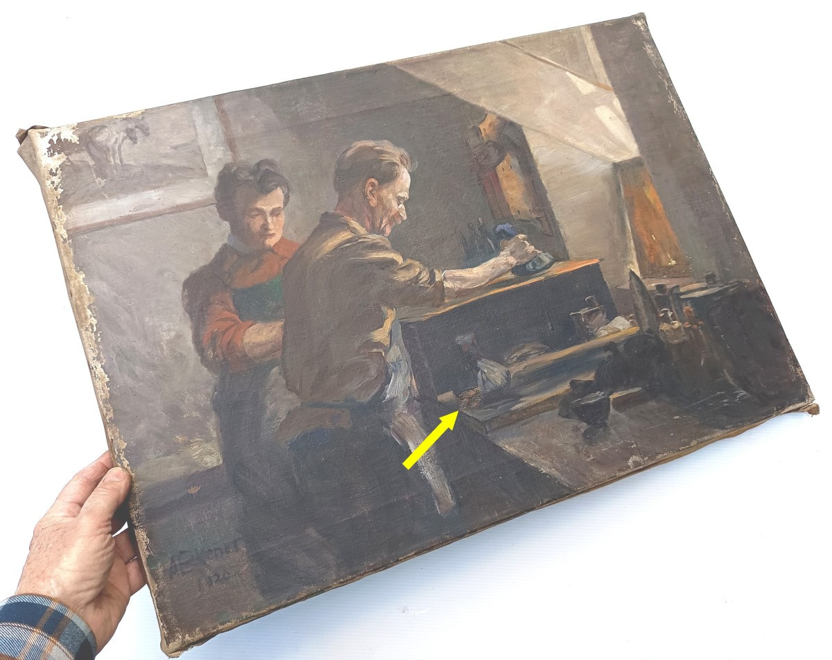  Engraver's Workshop, Beautiful Oil On Canvas, 1920, Signed, As Discovered.-photo-4