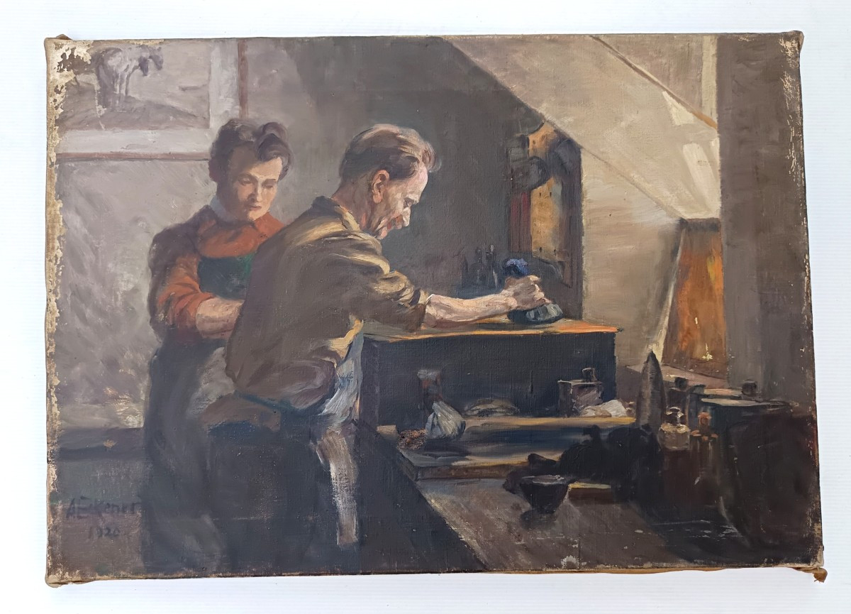  Engraver's Workshop, Beautiful Oil On Canvas, 1920, Signed, As Discovered.