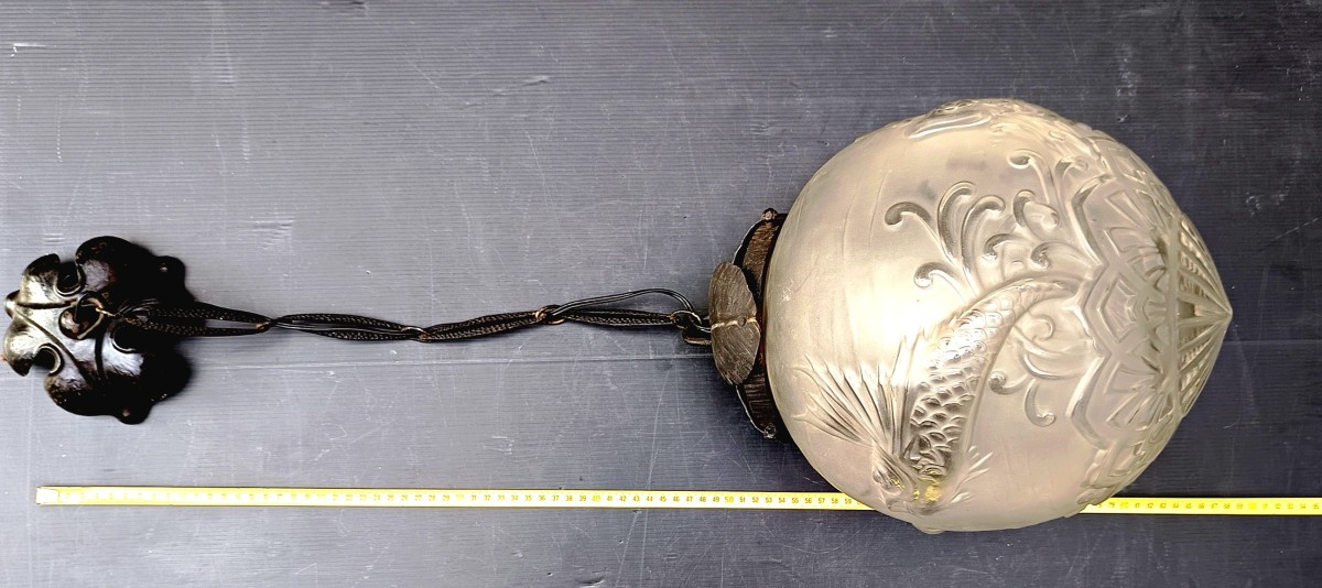 Lustre Boule verre dépoli aux poissons, Lorrain, 1930, Paul Daum et d’Avesn-photo-3